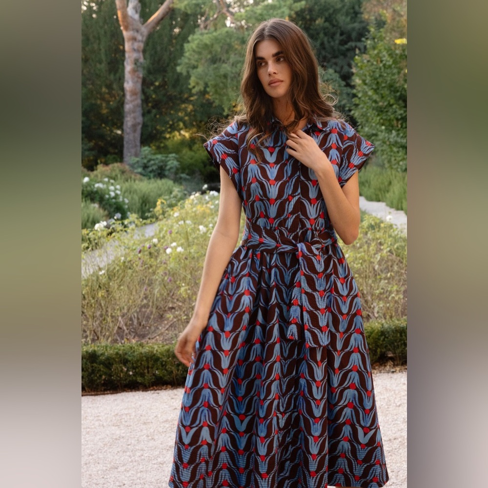 NWT Oliphant Blue and Red Wave Midi Dress